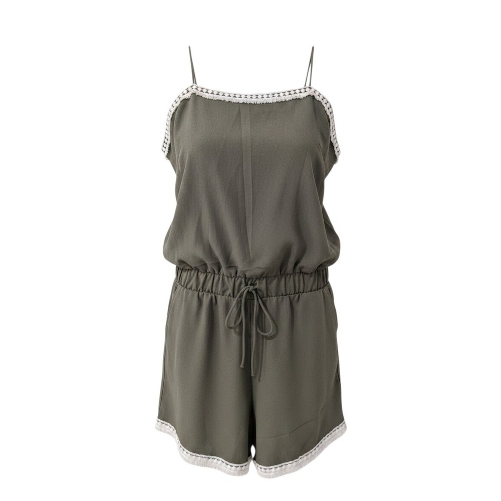 Ninexis Womens Olive Green‎ Romper Boho Crochet Trim Drawstring Waist SIze M